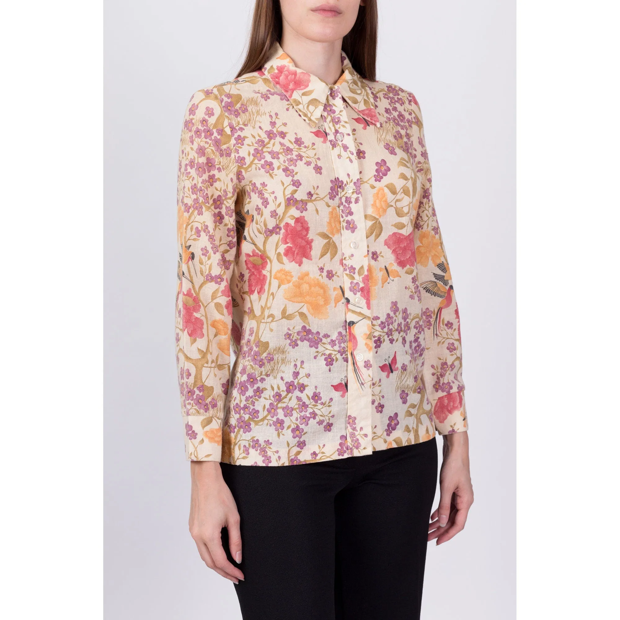 70s Butterfly Floral Button Up Shirt - Medium