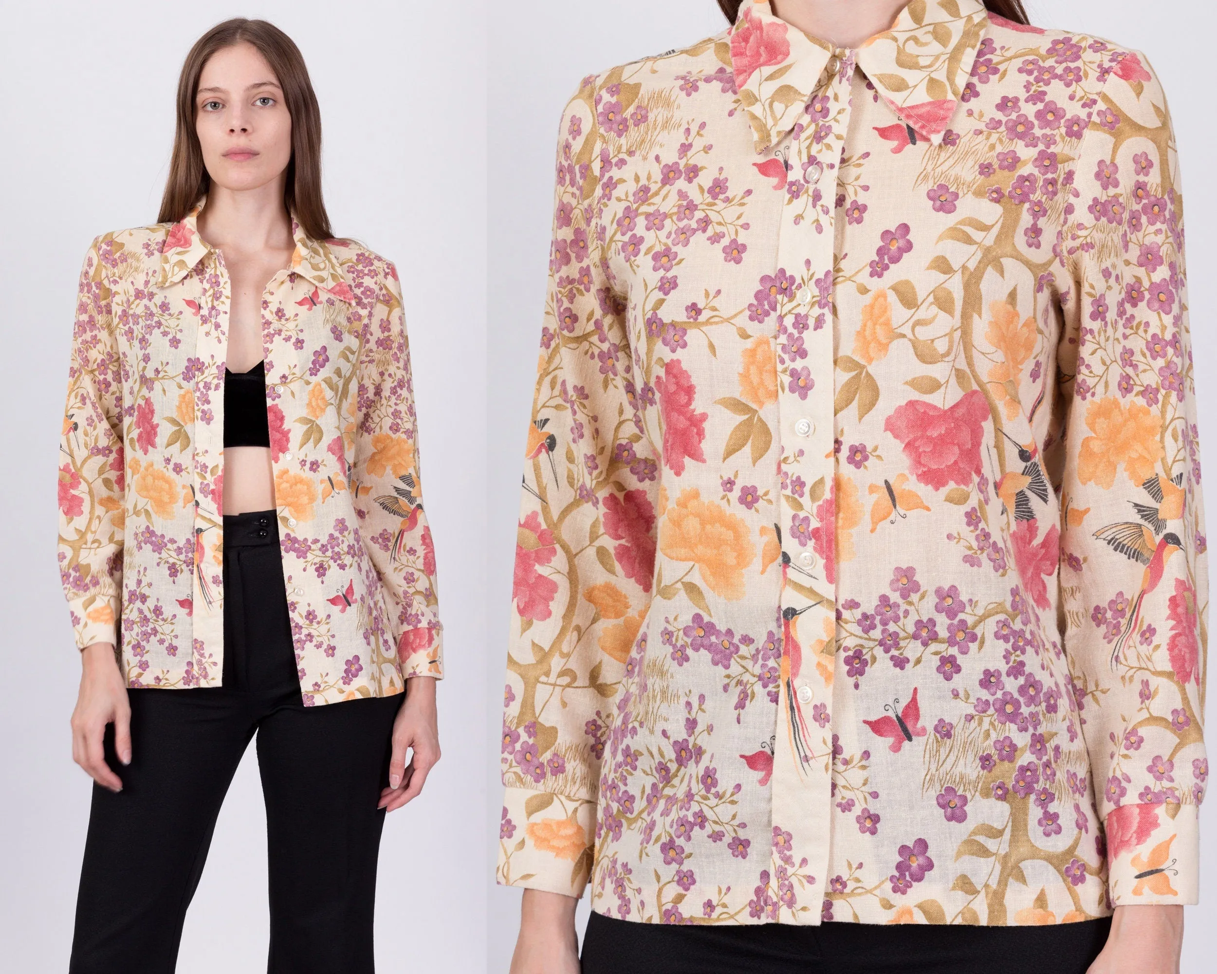 70s Butterfly Floral Button Up Shirt - Medium