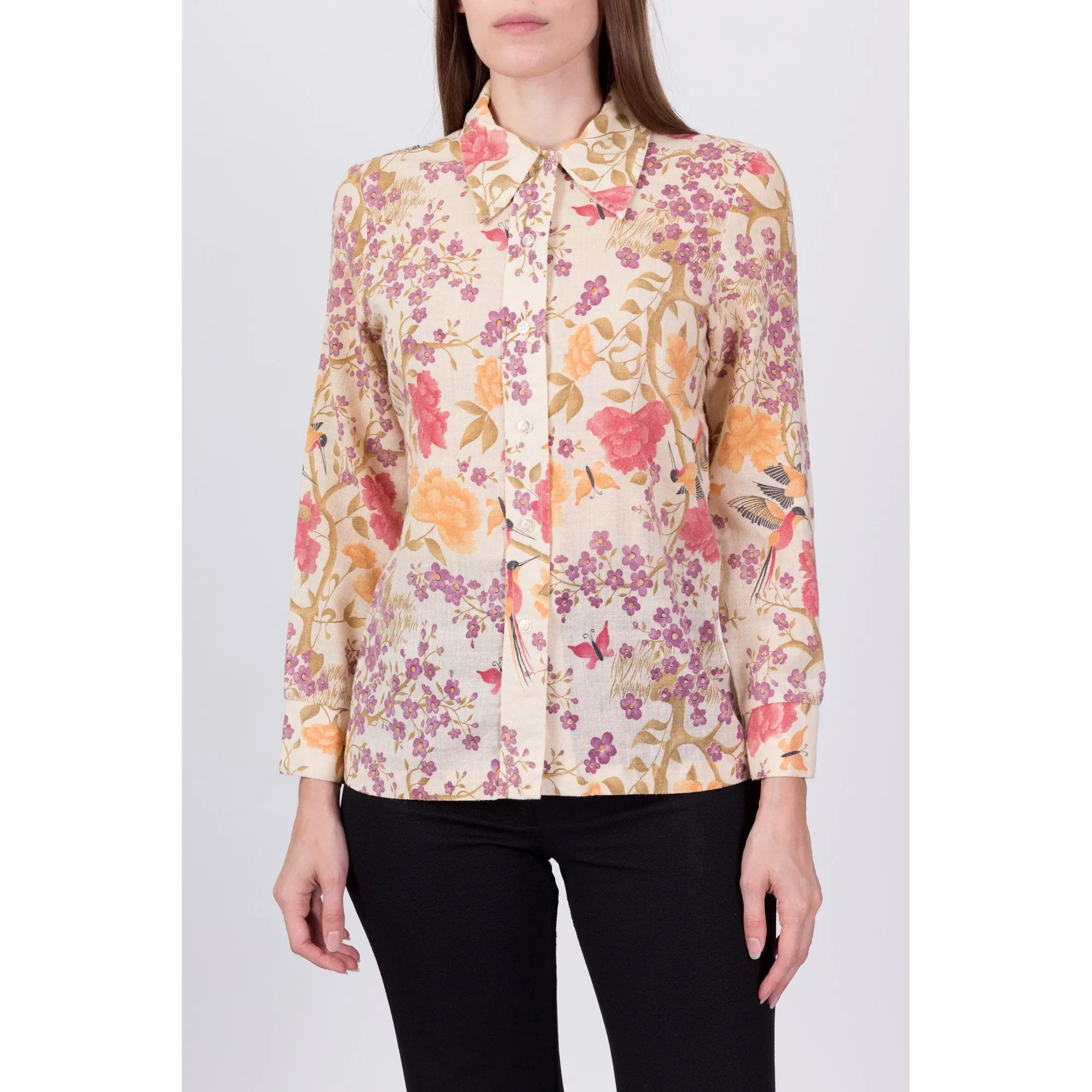 70s Butterfly Floral Button Up Shirt - Medium