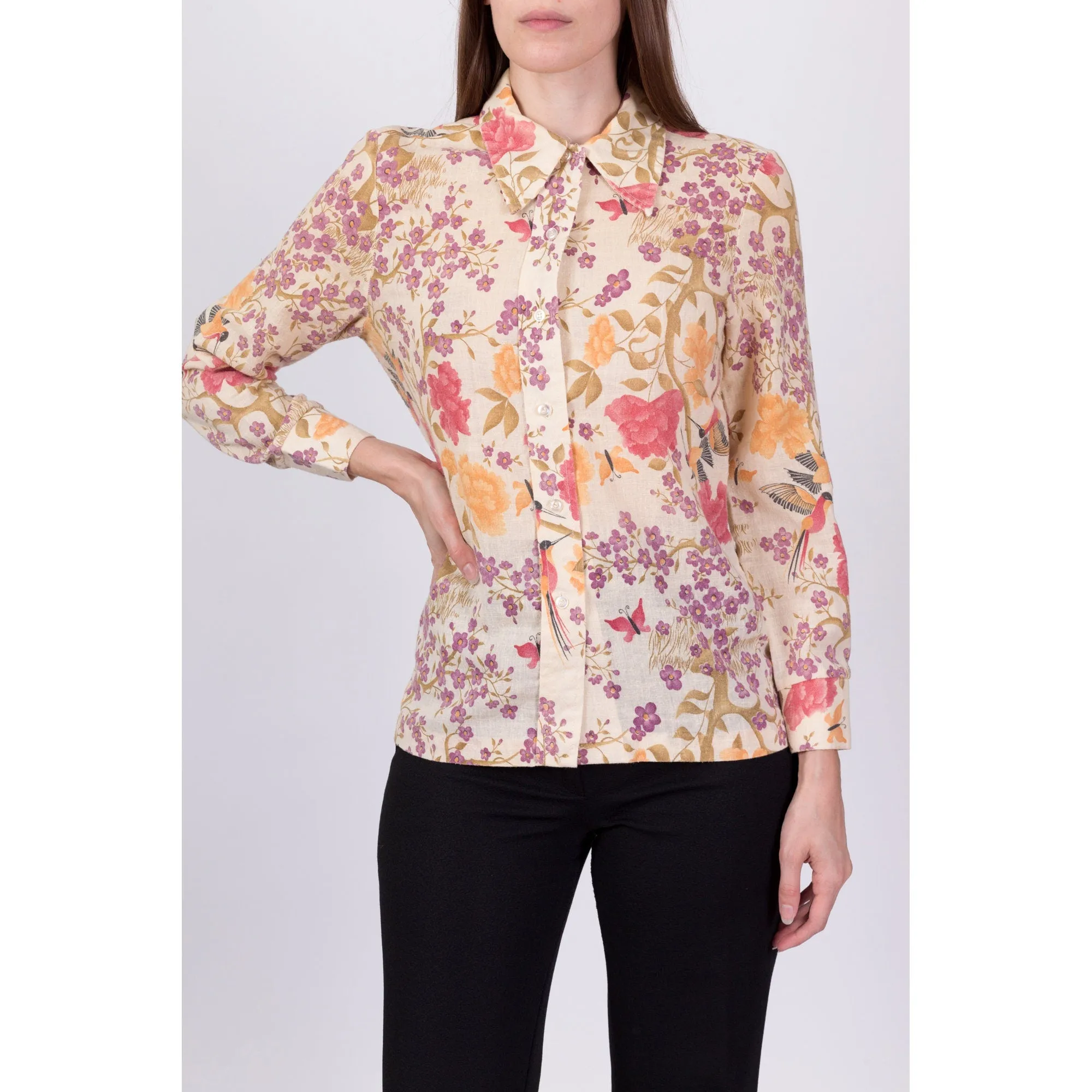 70s Butterfly Floral Button Up Shirt - Medium