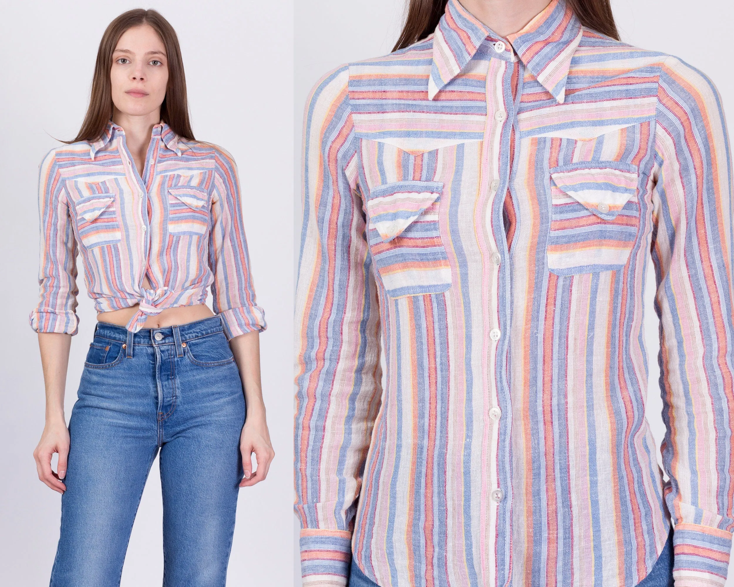 70s Striped Cotton Button Up Shirt - XXS