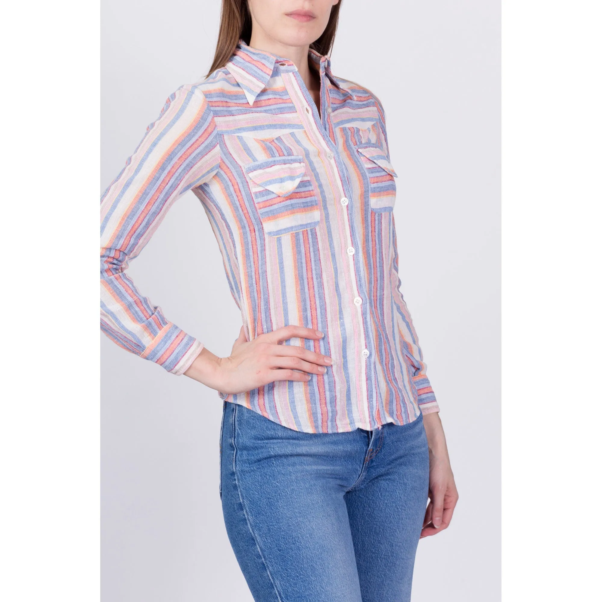 70s Striped Cotton Button Up Shirt - XXS