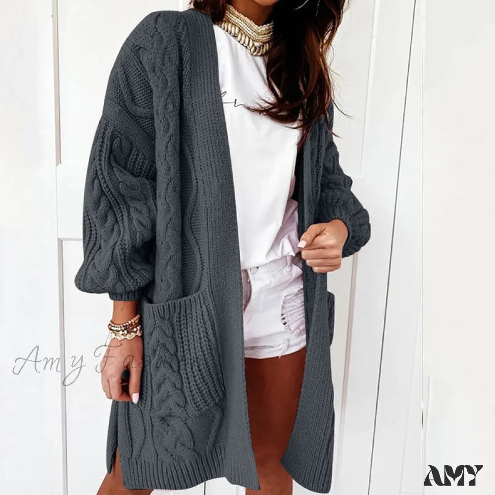 Amy Fashion - Oversized Lantern Sleeve Knitted Sweater Warm Long Cardigan