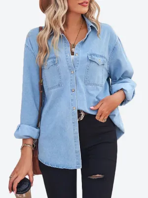 Benuynffy Womens Thin Denim Boyfriend Loose Button Up Tops Blouse