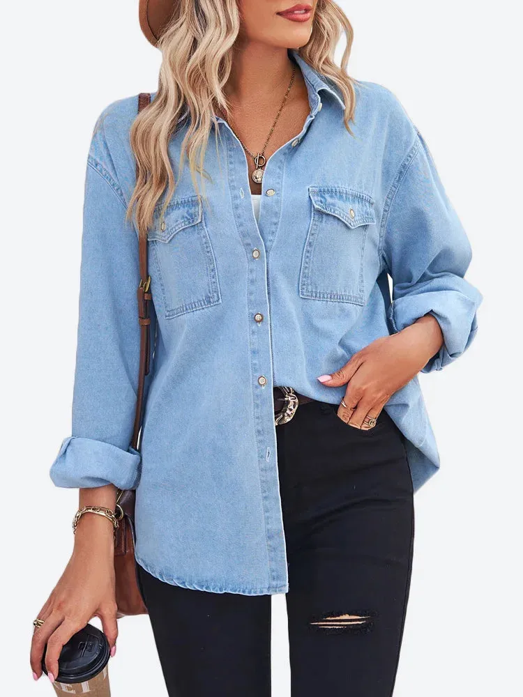 Benuynffy Womens Thin Denim Boyfriend Loose Button Up Tops Blouse