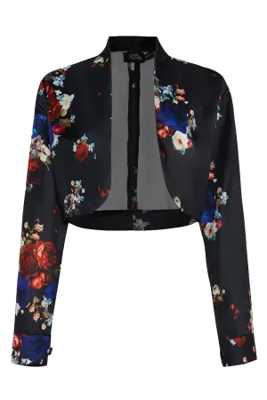 Betty Chic Long Sleeved, Cropped Bolero Jacket-Roses in Black