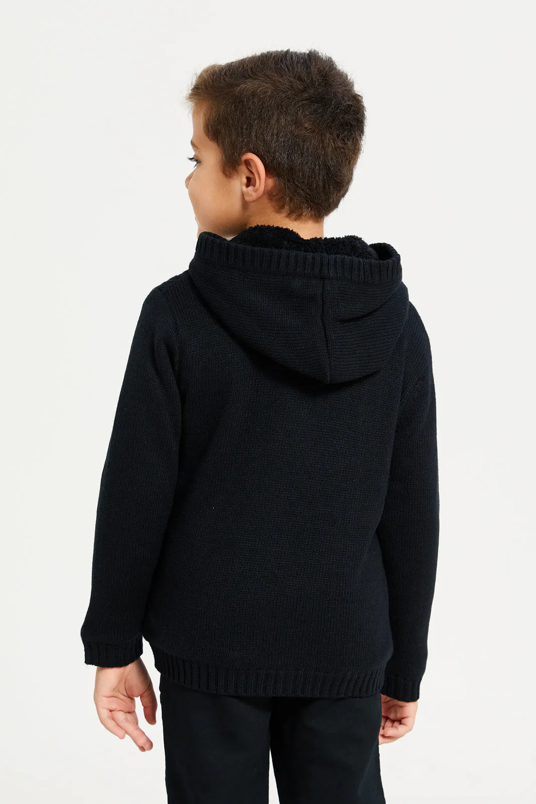 Boys Black Zip Thur Fur Lining Hooded Cardigan