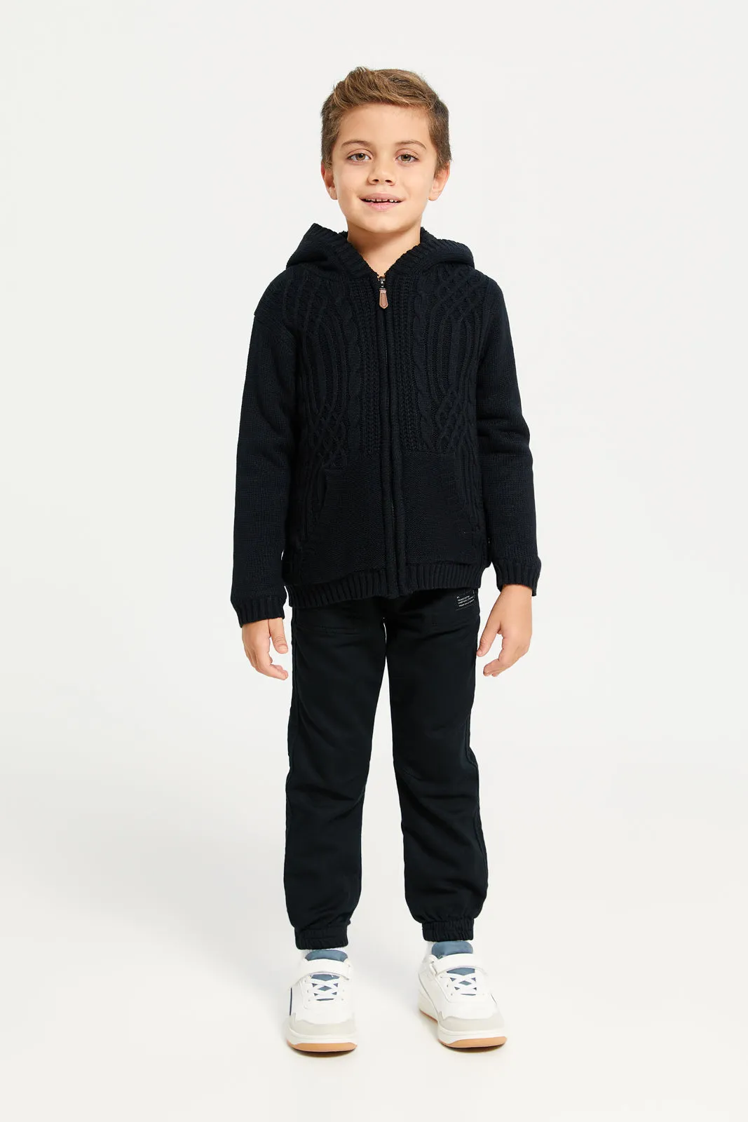 Boys Black Zip Thur Fur Lining Hooded Cardigan