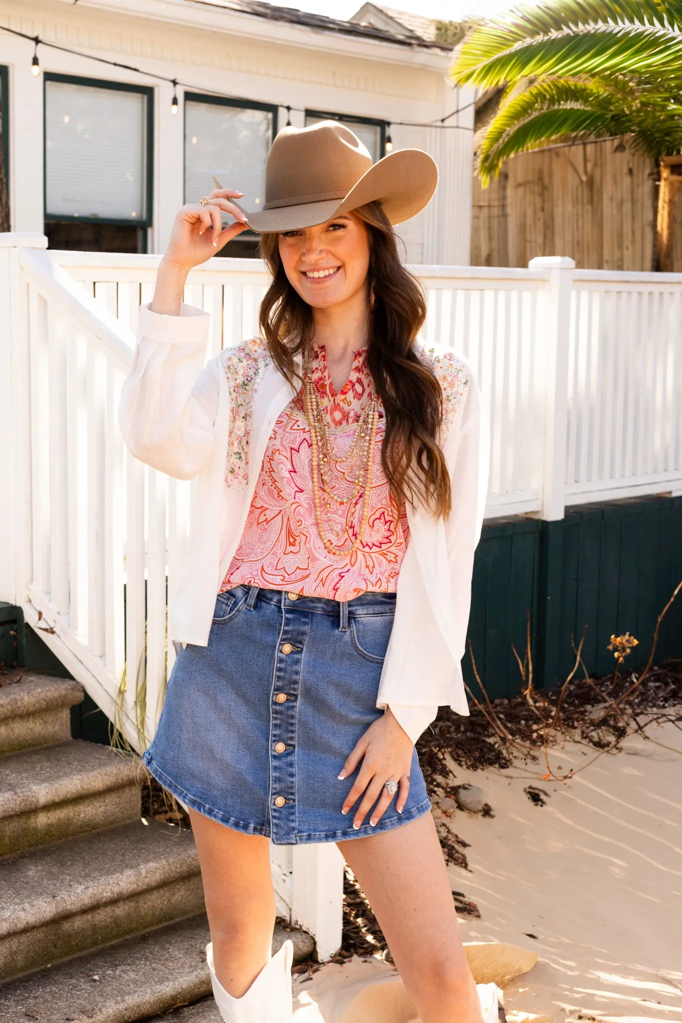 Button-Up with Embroidered Yoke, White