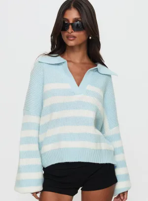 Carolena Long Sleeve Collared Knit Sweater Blue / White Stripe