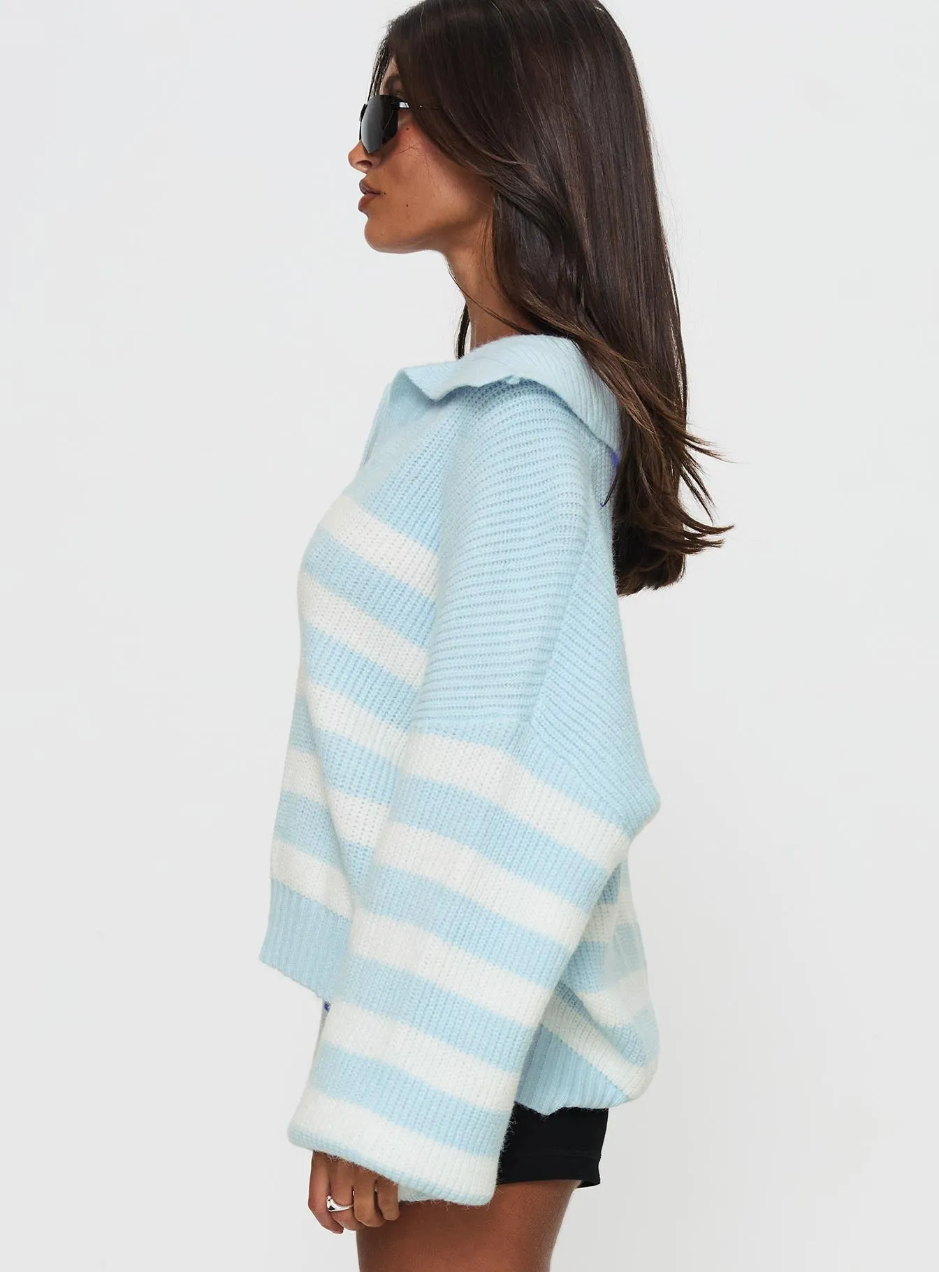 Carolena Long Sleeve Collared Knit Sweater Blue / White Stripe