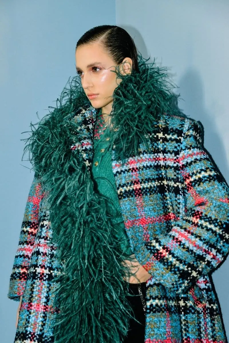 CHECKERED TWEED BOA GREEN COAT