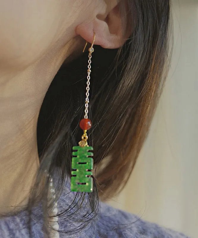 Chic Dry Green Agate Sterling Silver Tassel Drop Earrings LY2022