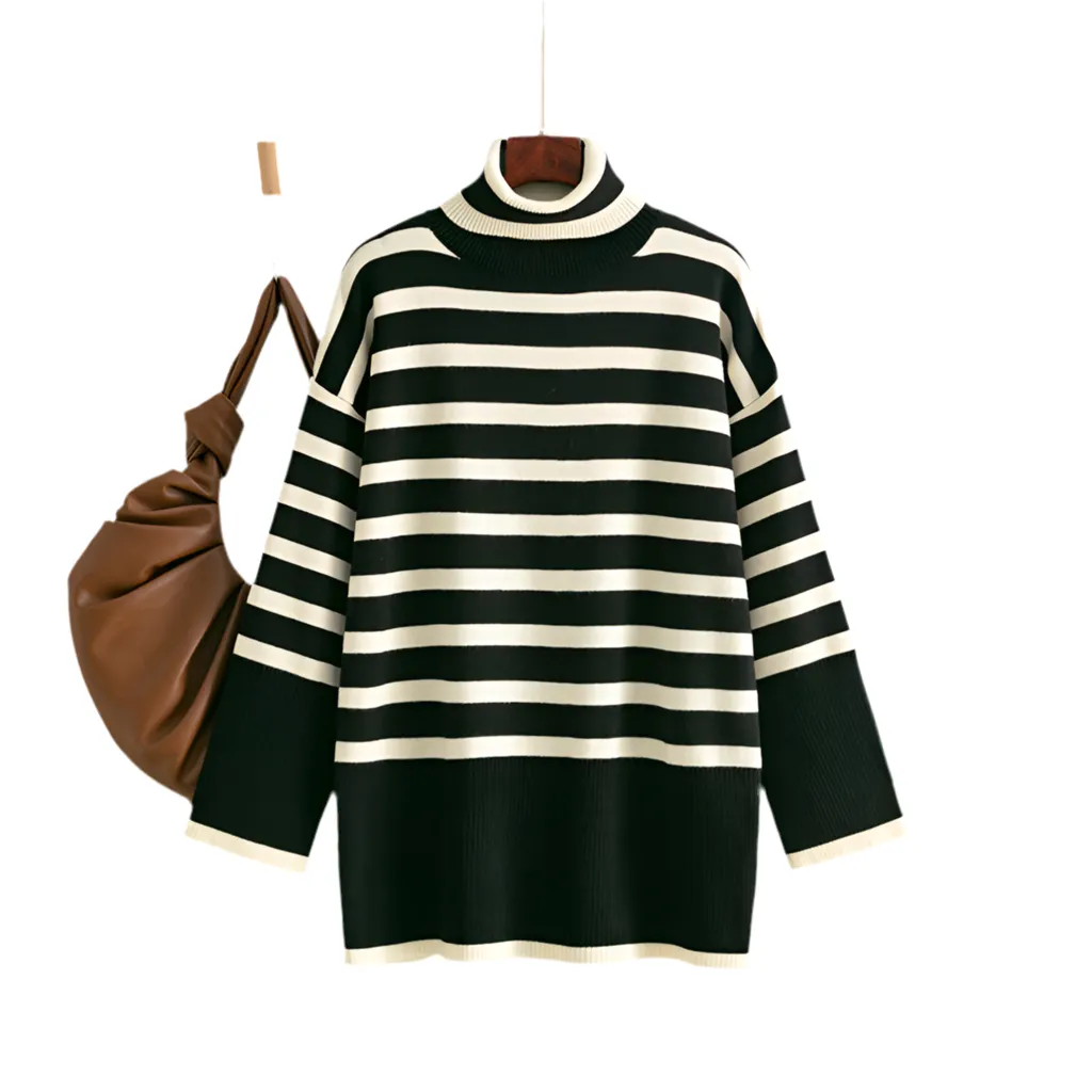 Chic Striped Turtleneck Sweater for Women | Loose Fit & Cozy Design"