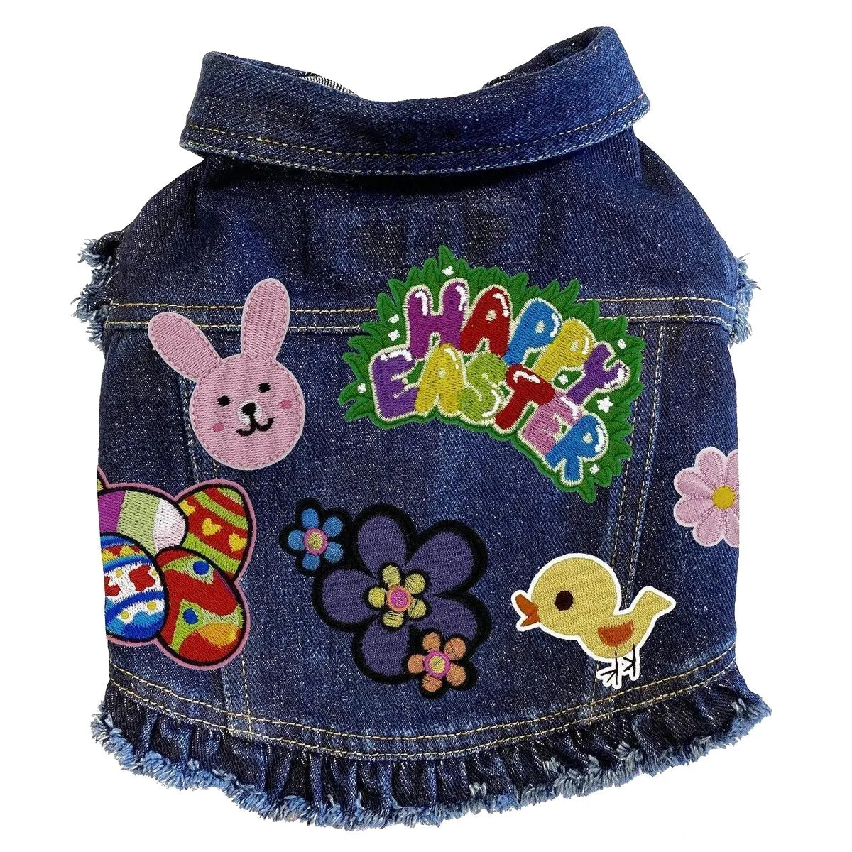 Custom Happy Easter Denim Dog Jacket With Ruffles