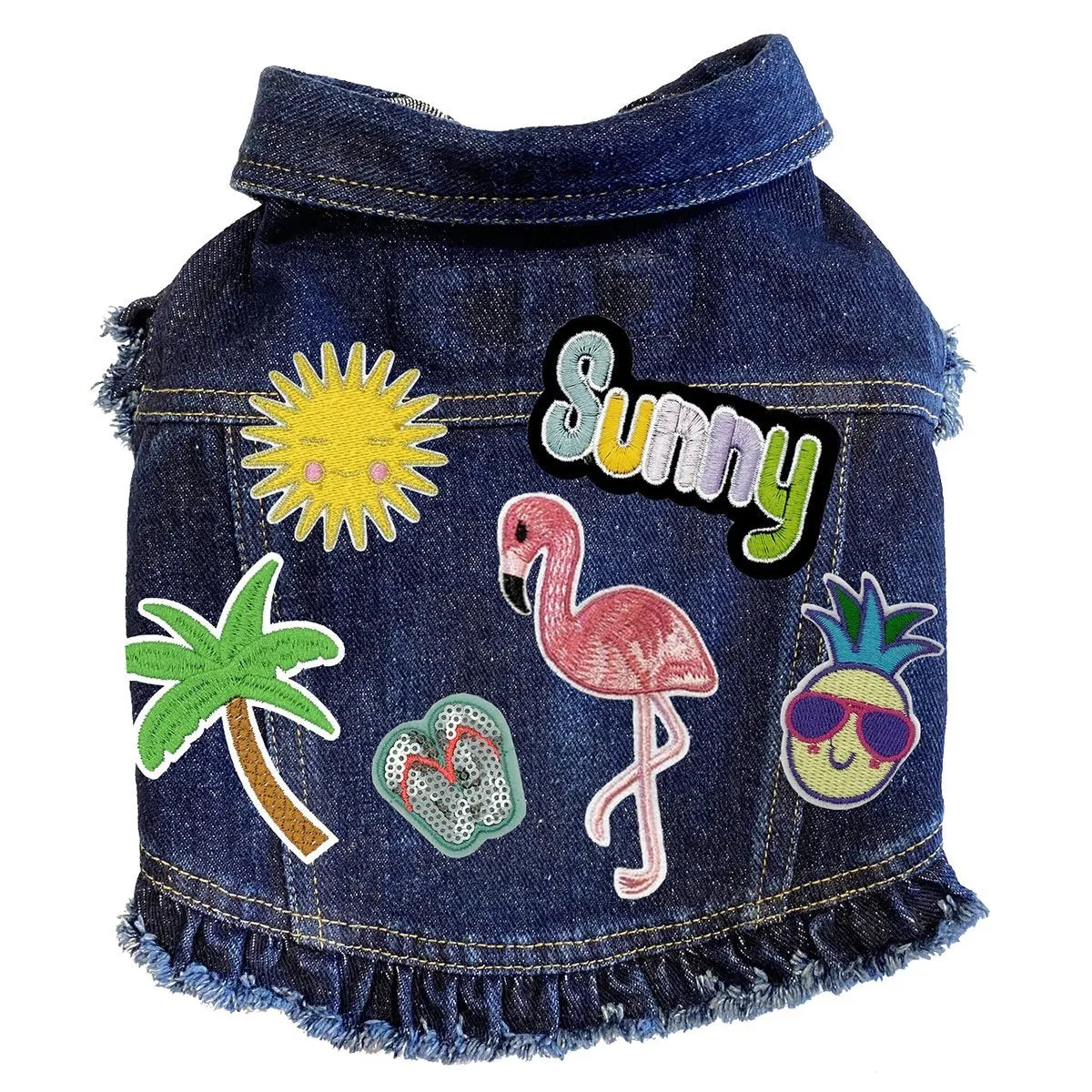 Custom Sunny Flamingo Denim Dog Jacket With Ruffles