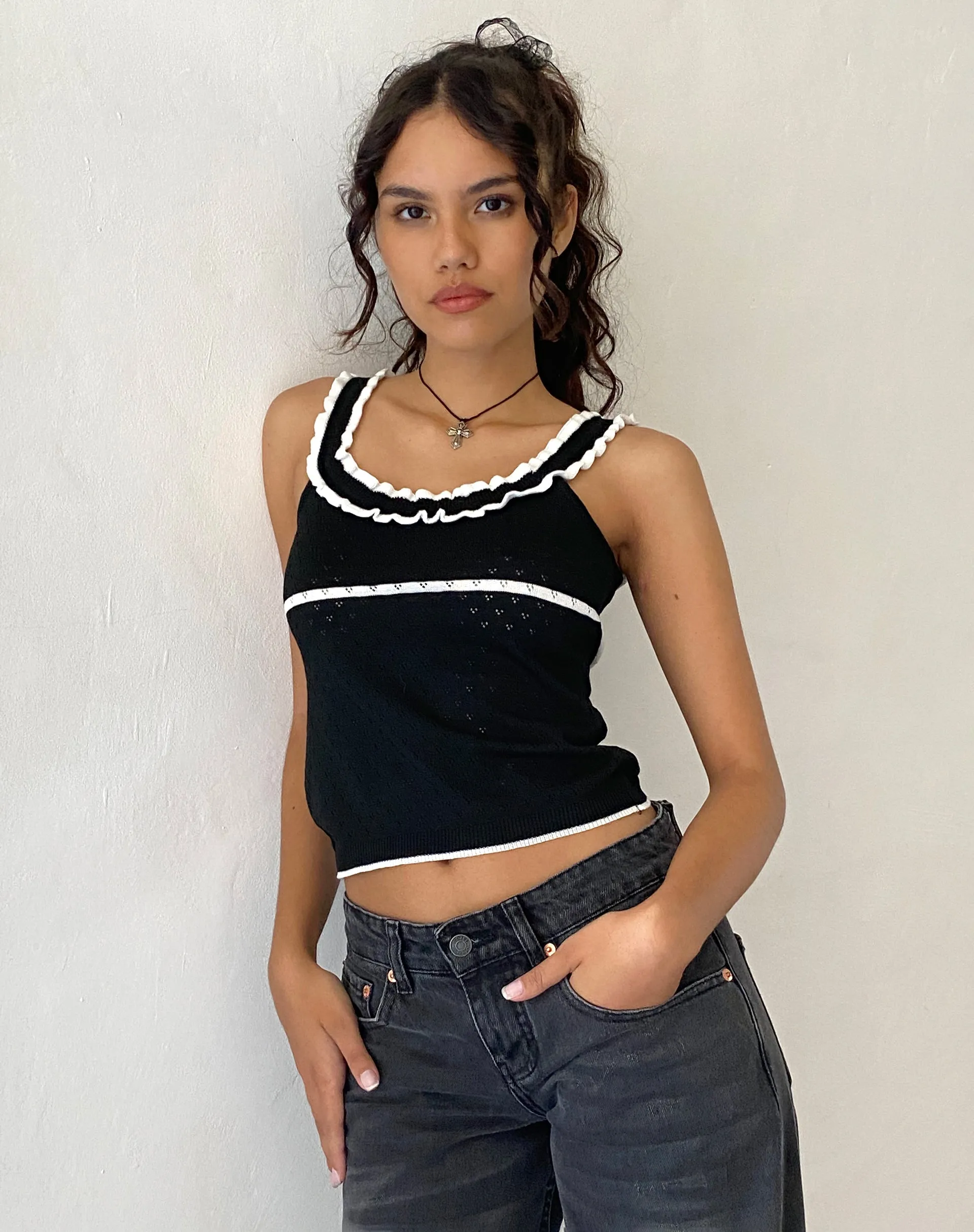 Darcie Pointelle Top in Black with White Tipping