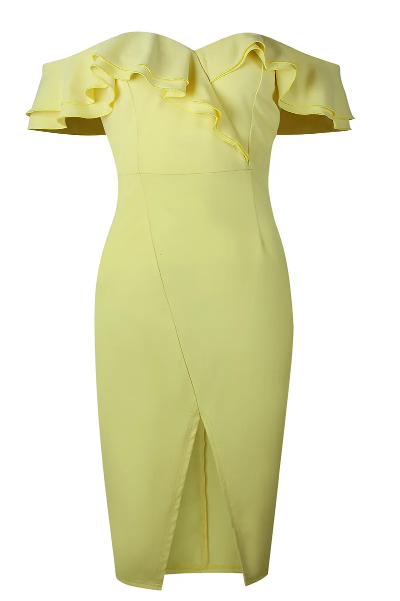 Dunnmall Chic Party Double Ruffle Design Yellow Dress