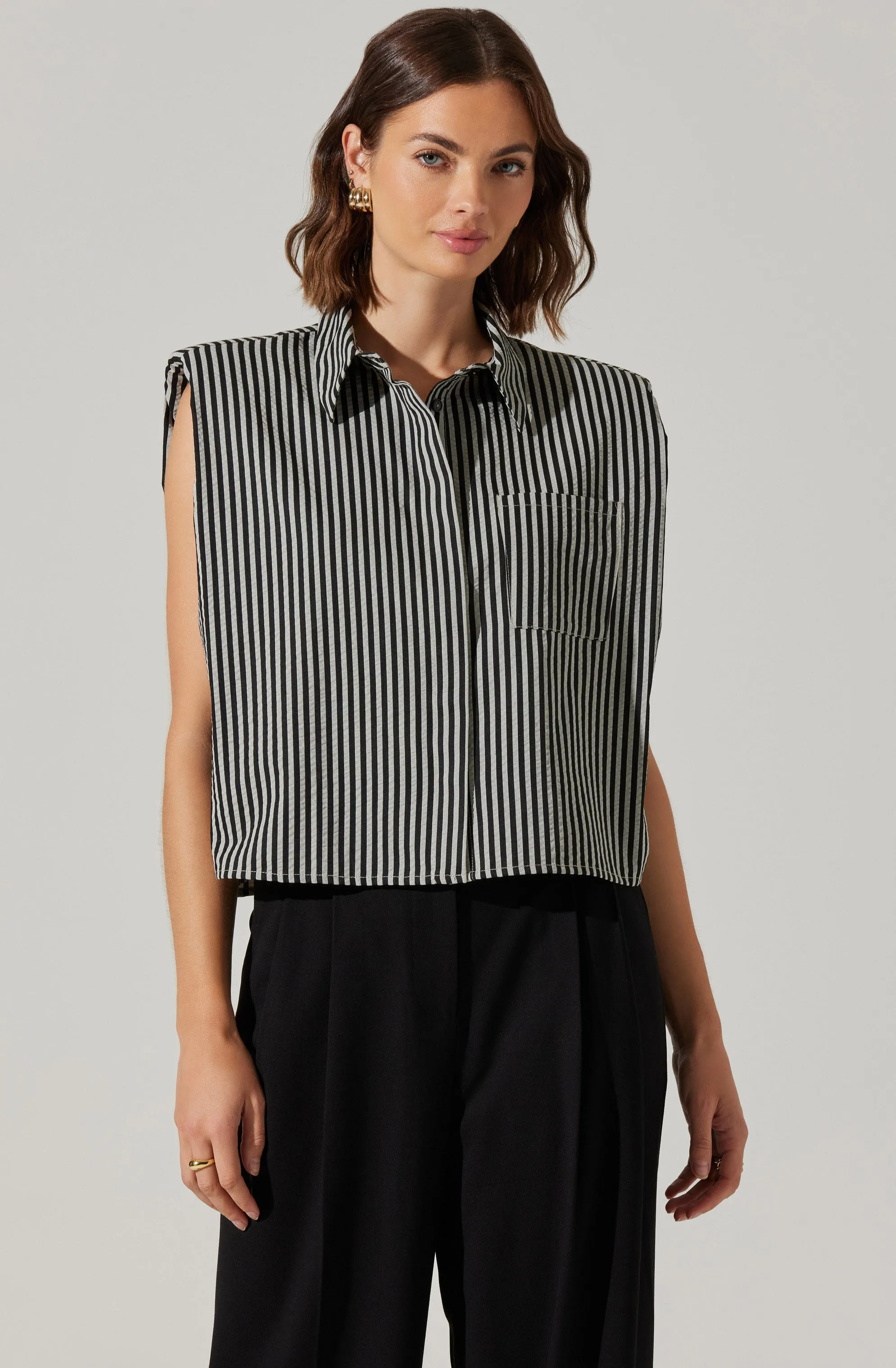 Elswyth Padded Shoulder Button-Up Top