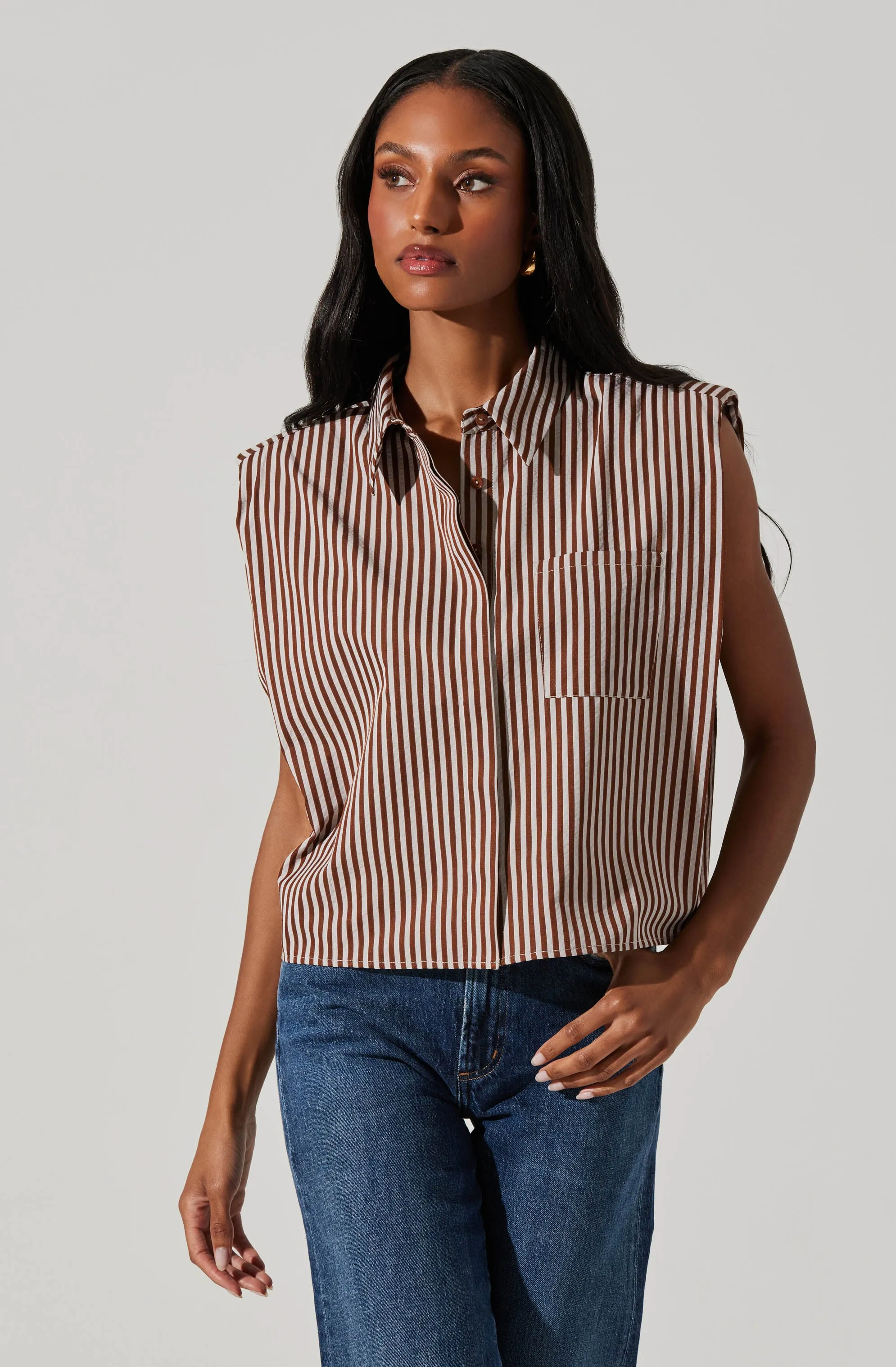 Elswyth Padded Shoulder Button-Up Top