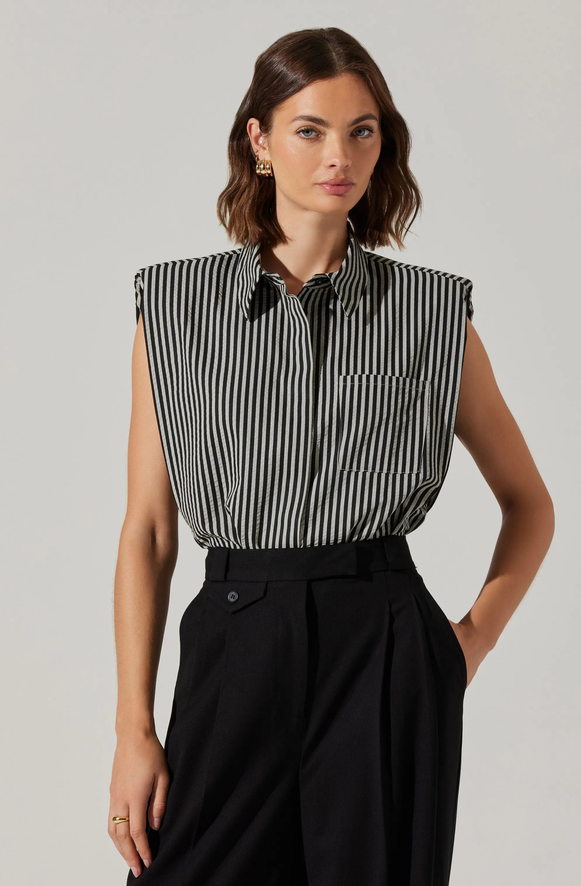 Elswyth Padded Shoulder Button-Up Top