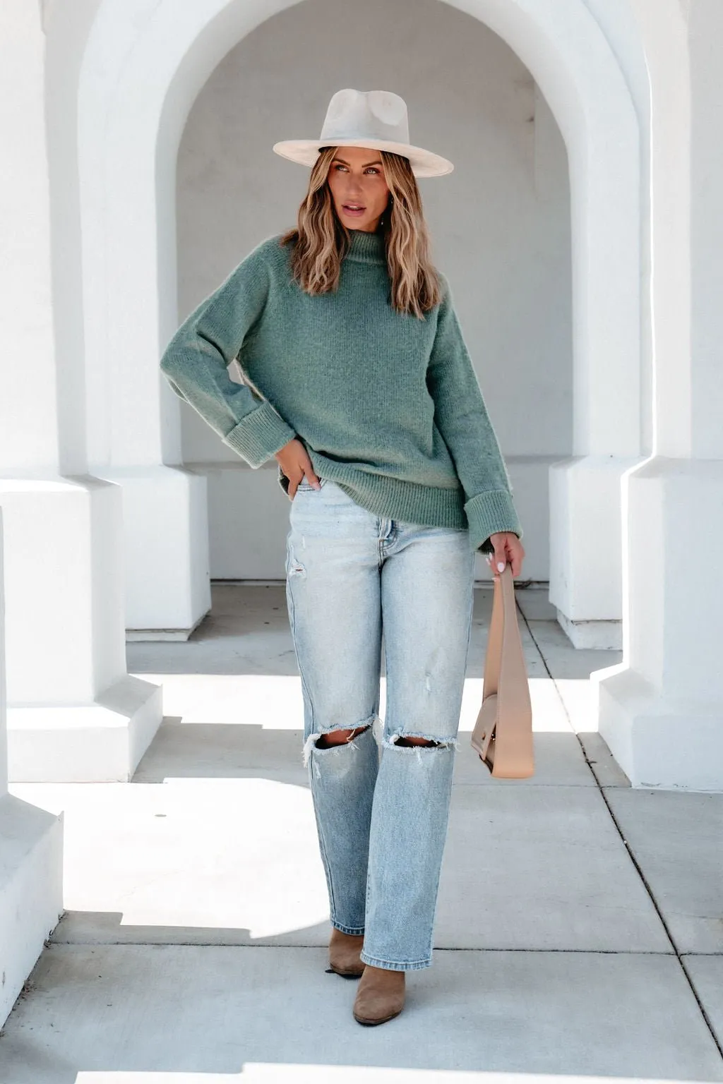 Falling For You Green Ribbed Sweater