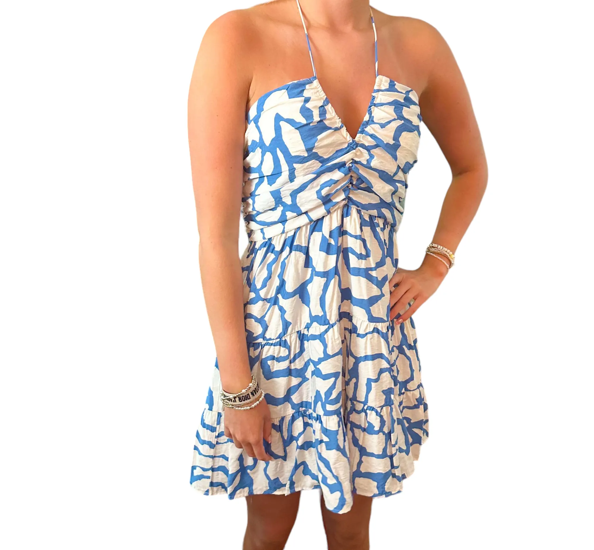 Halter Chic: Abstract Ruched Mini Dress