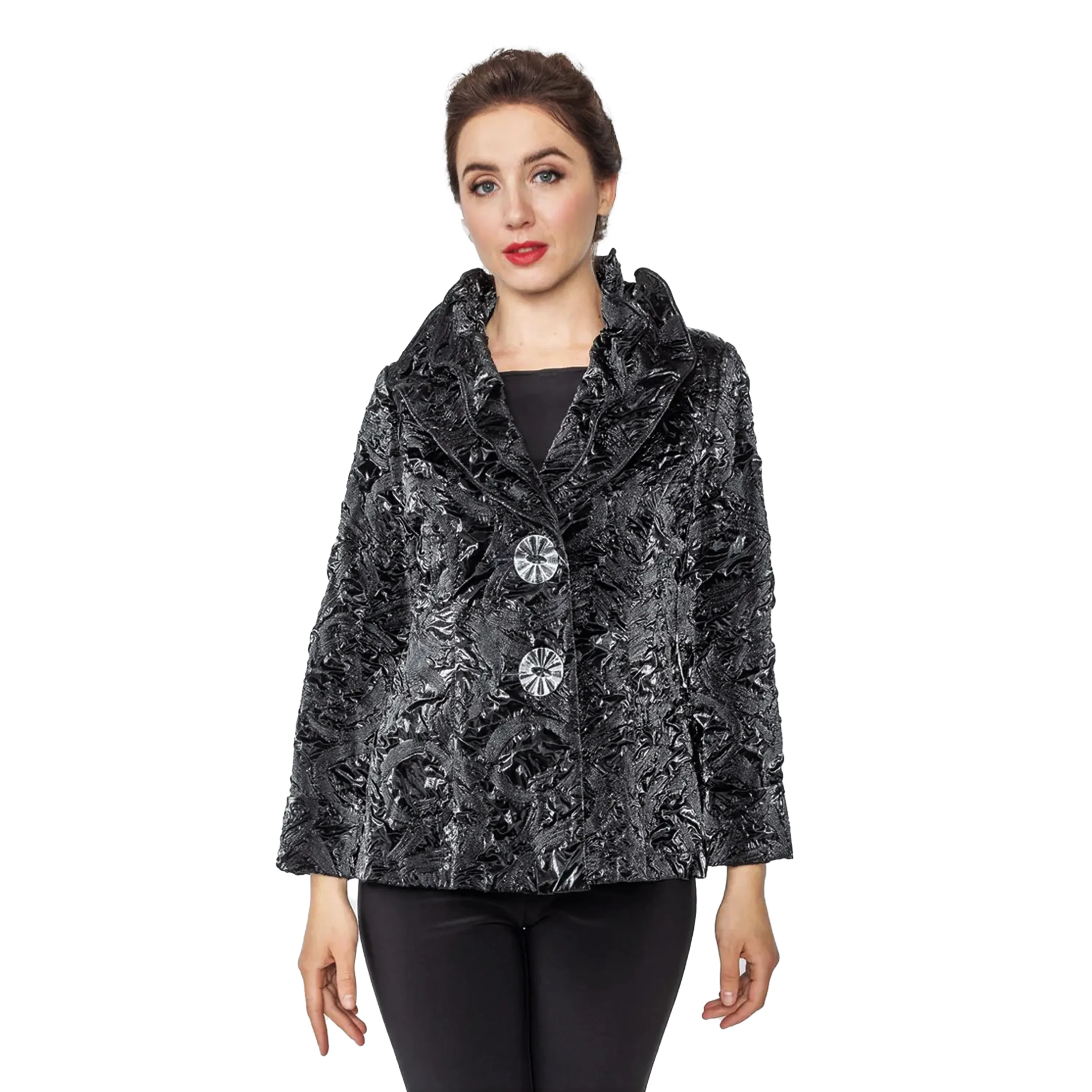 IC Collection Shiny Textured Crinkle Jacket in Black - 5505J - Sizes L & XL Only!