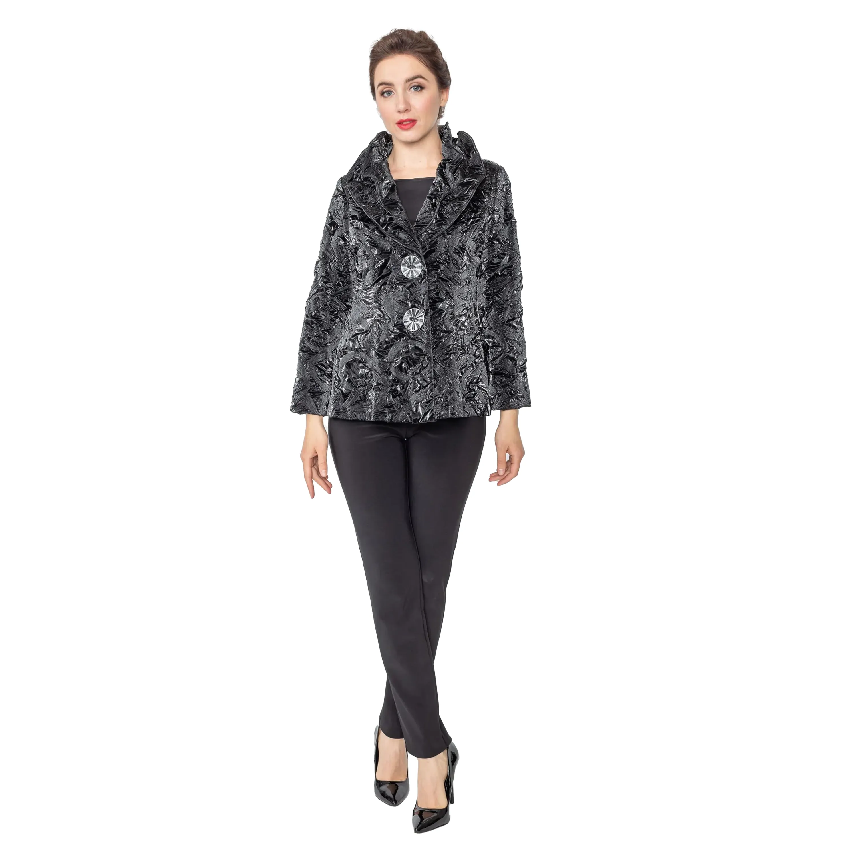 IC Collection Shiny Textured Crinkle Jacket in Black - 5505J - Sizes L & XL Only!