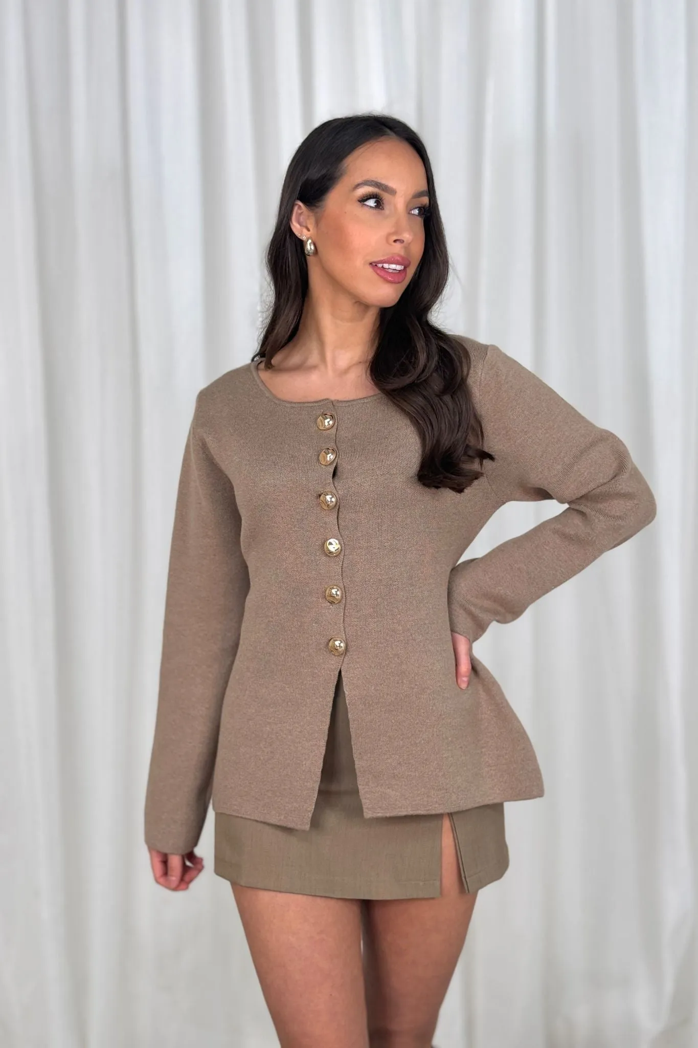 Kendra Split Hem Cardigan In Taupe