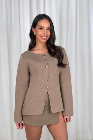 Kendra Split Hem Cardigan In Taupe