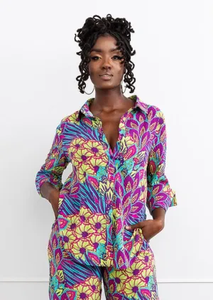 Kwamena Women's African Inspired Floral Print Button-Up Shirt (Aqua Flowers)-Cearance