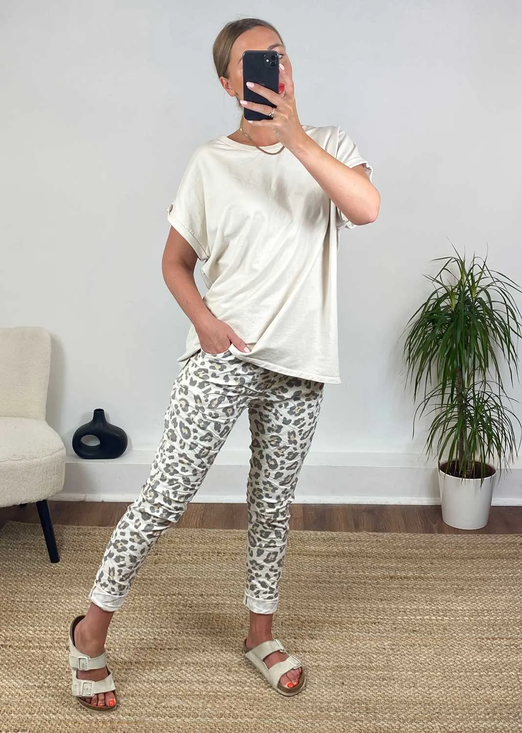 Leopard Tapered Magic Pants in Stone