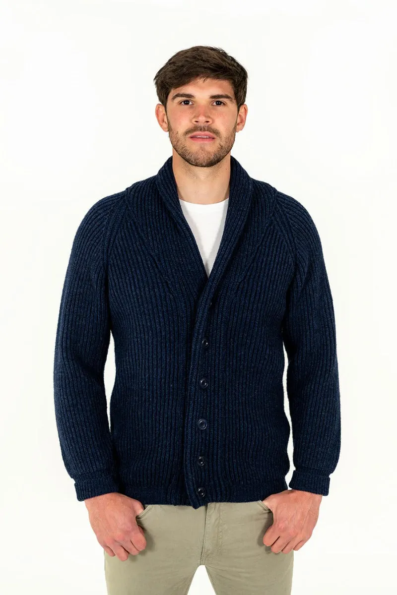 Mens ribbed Shawl Collar wool Cardigan - Navy