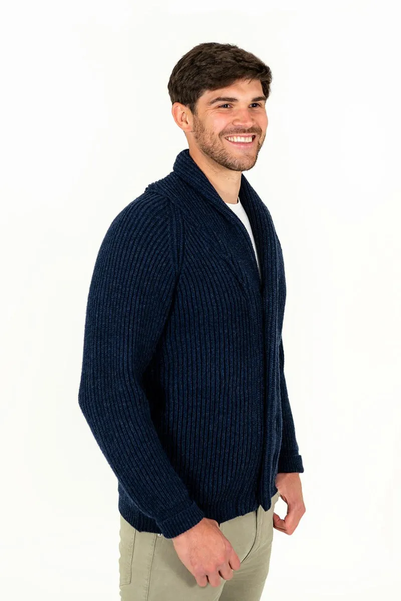 Mens ribbed Shawl Collar wool Cardigan - Navy