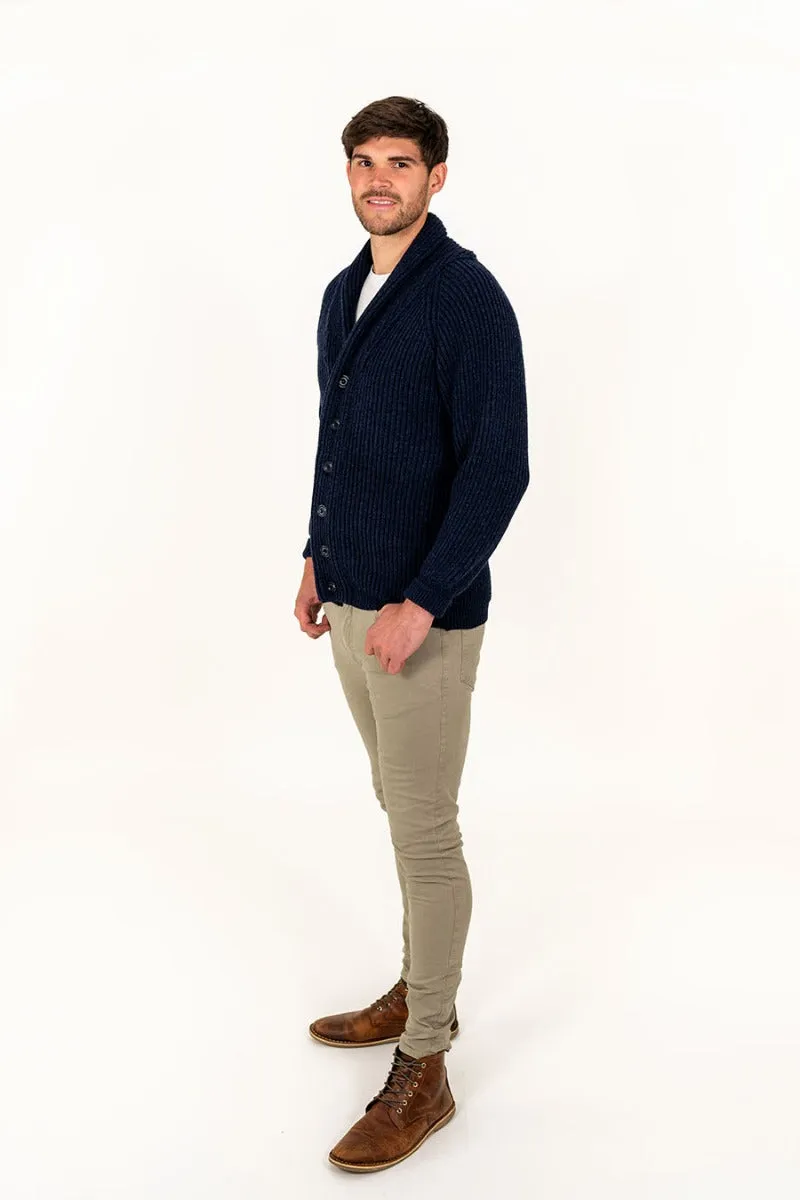 Mens ribbed Shawl Collar wool Cardigan - Navy