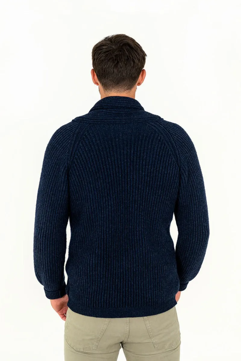 Mens ribbed Shawl Collar wool Cardigan - Navy