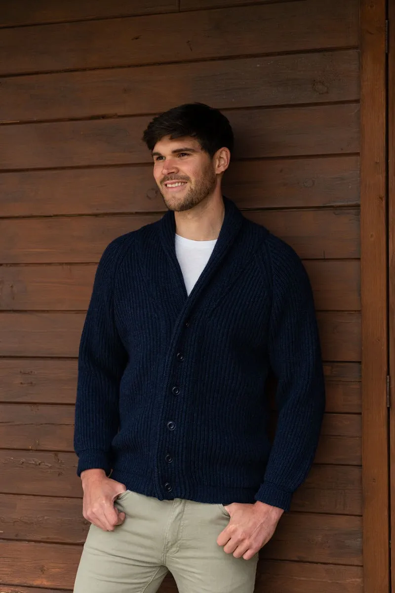 Mens ribbed Shawl Collar wool Cardigan - Navy