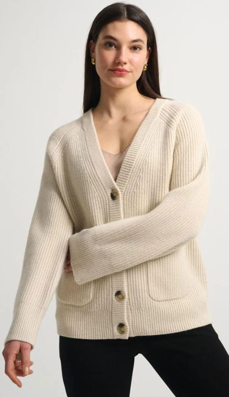 Merino Cashmere Ribbed Boyfriend Cardigan - Ivory