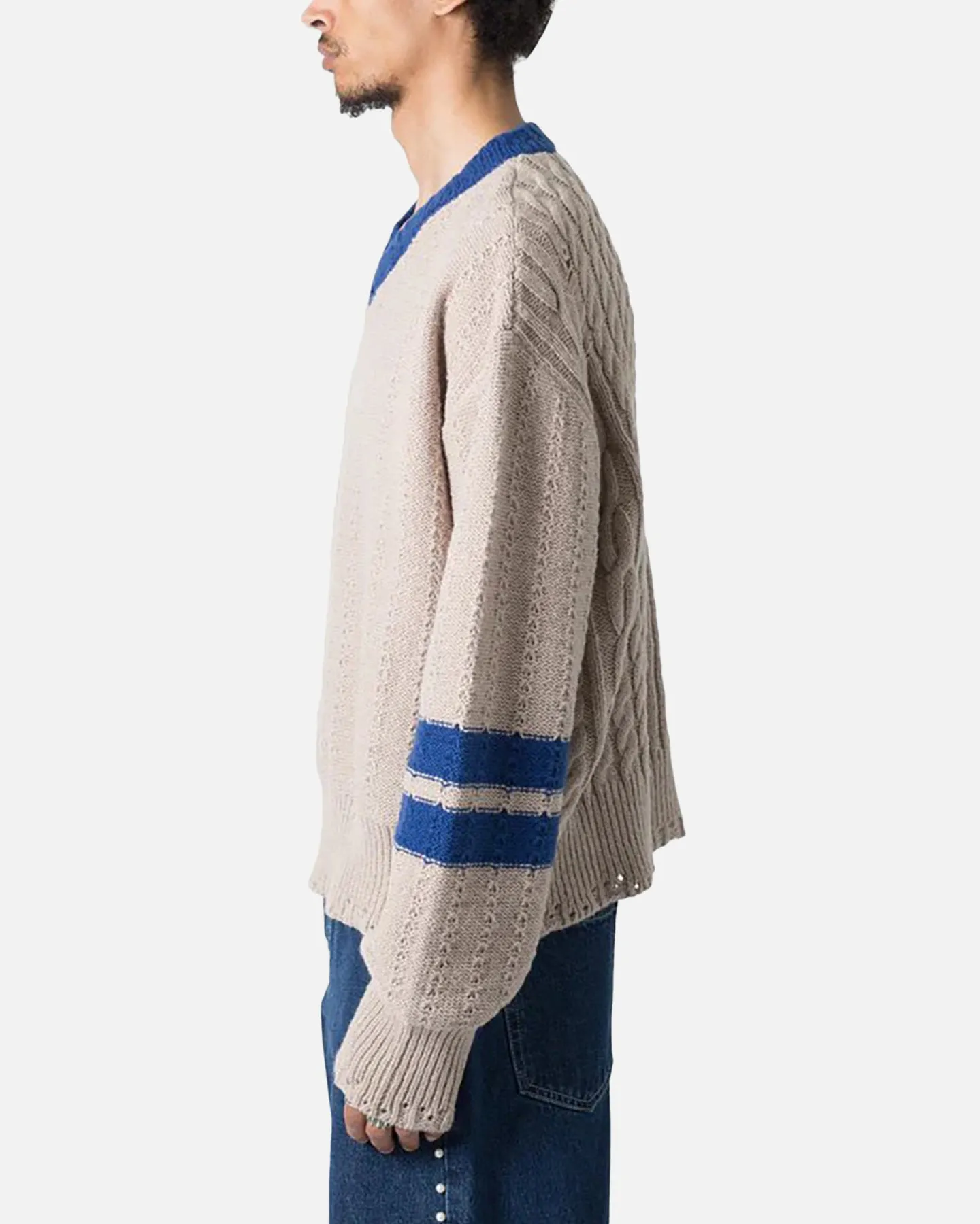 MNML Varsity V Neck Sweater Off White/Blue