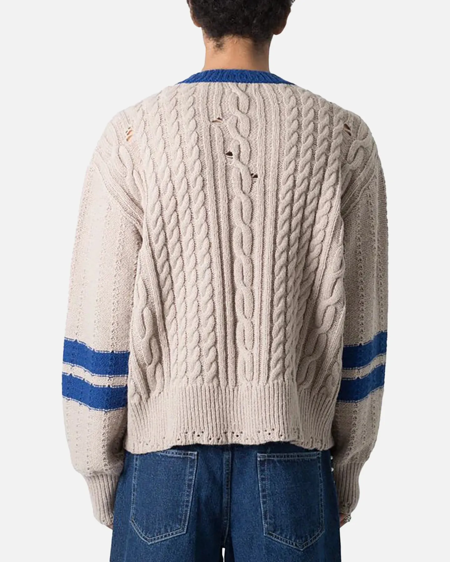 MNML Varsity V Neck Sweater Off White/Blue