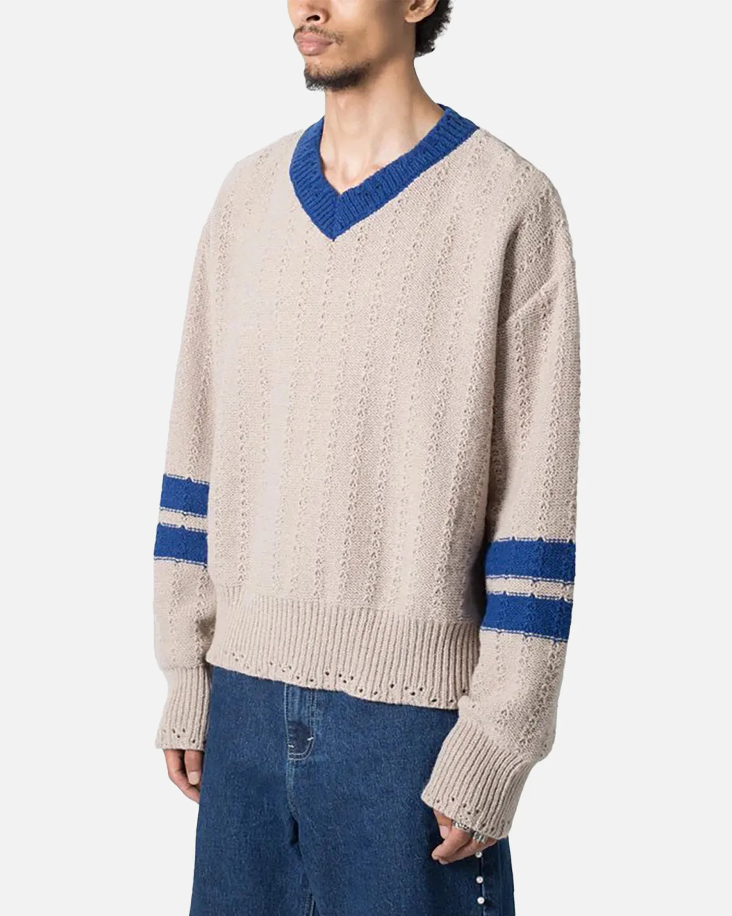 MNML Varsity V Neck Sweater Off White/Blue