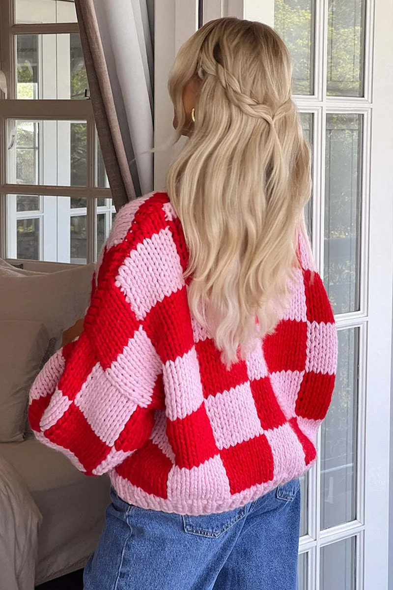 Pink Checkered Long Sleeve Chunky Knit Cardigan