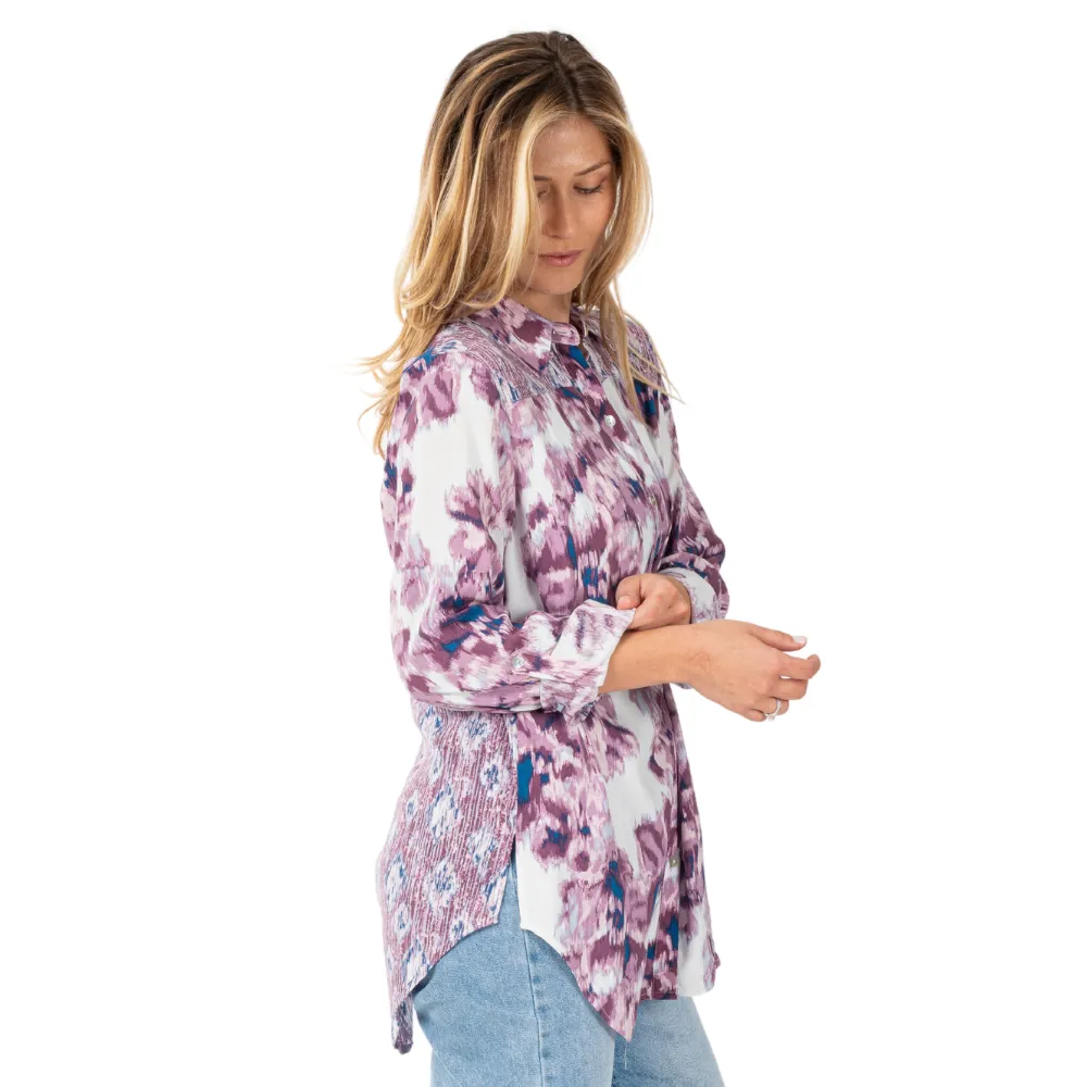 Print Roll Tab Long Sleeve Button Up Top