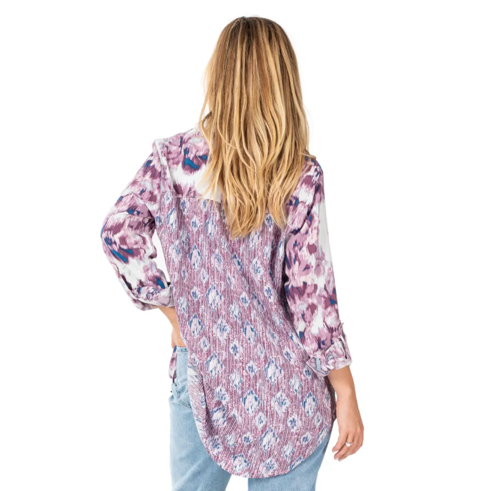 Print Roll Tab Long Sleeve Button Up Top