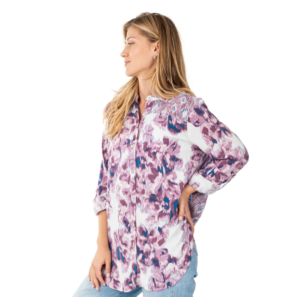 Print Roll Tab Long Sleeve Button Up Top