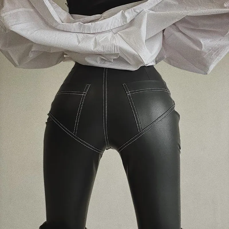 PU leather stretch tight pants