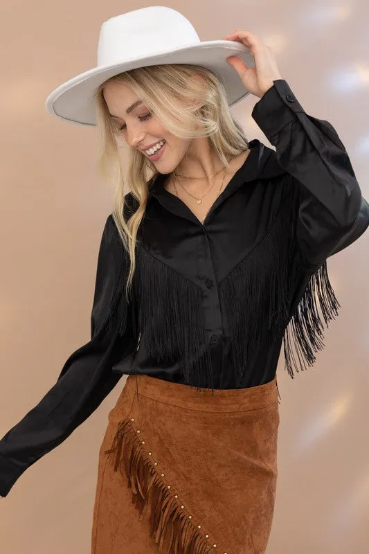 Satin Shirt Blouse with Chevron Fringe