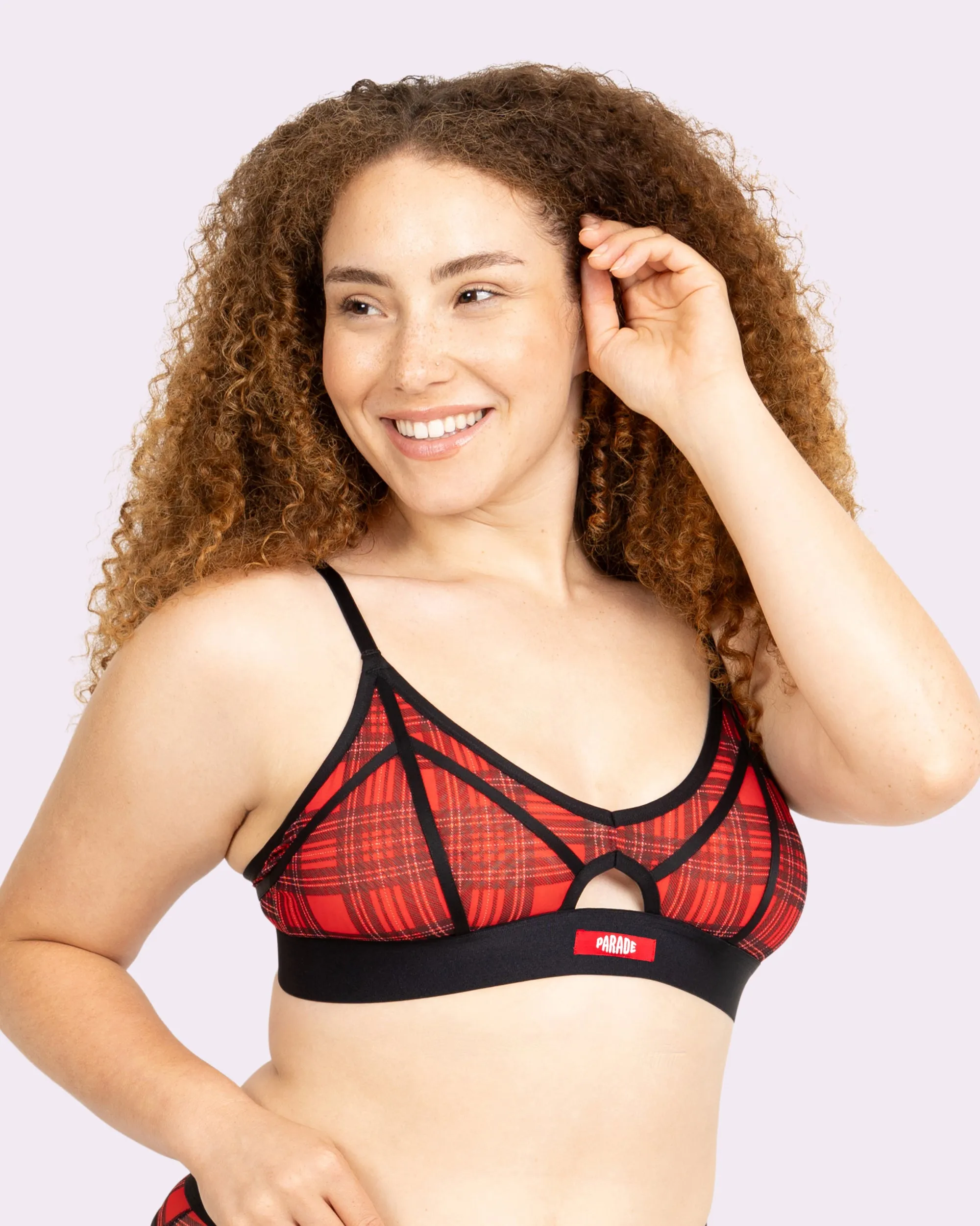 Silky Mesh Sheer Cutout Triangle Bralette | Silky Mesh (Tartan Plaid)