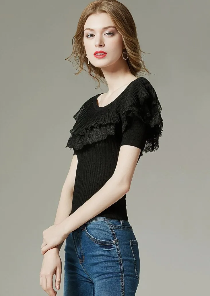 STRIPED SLIM RUFFLE KNIT